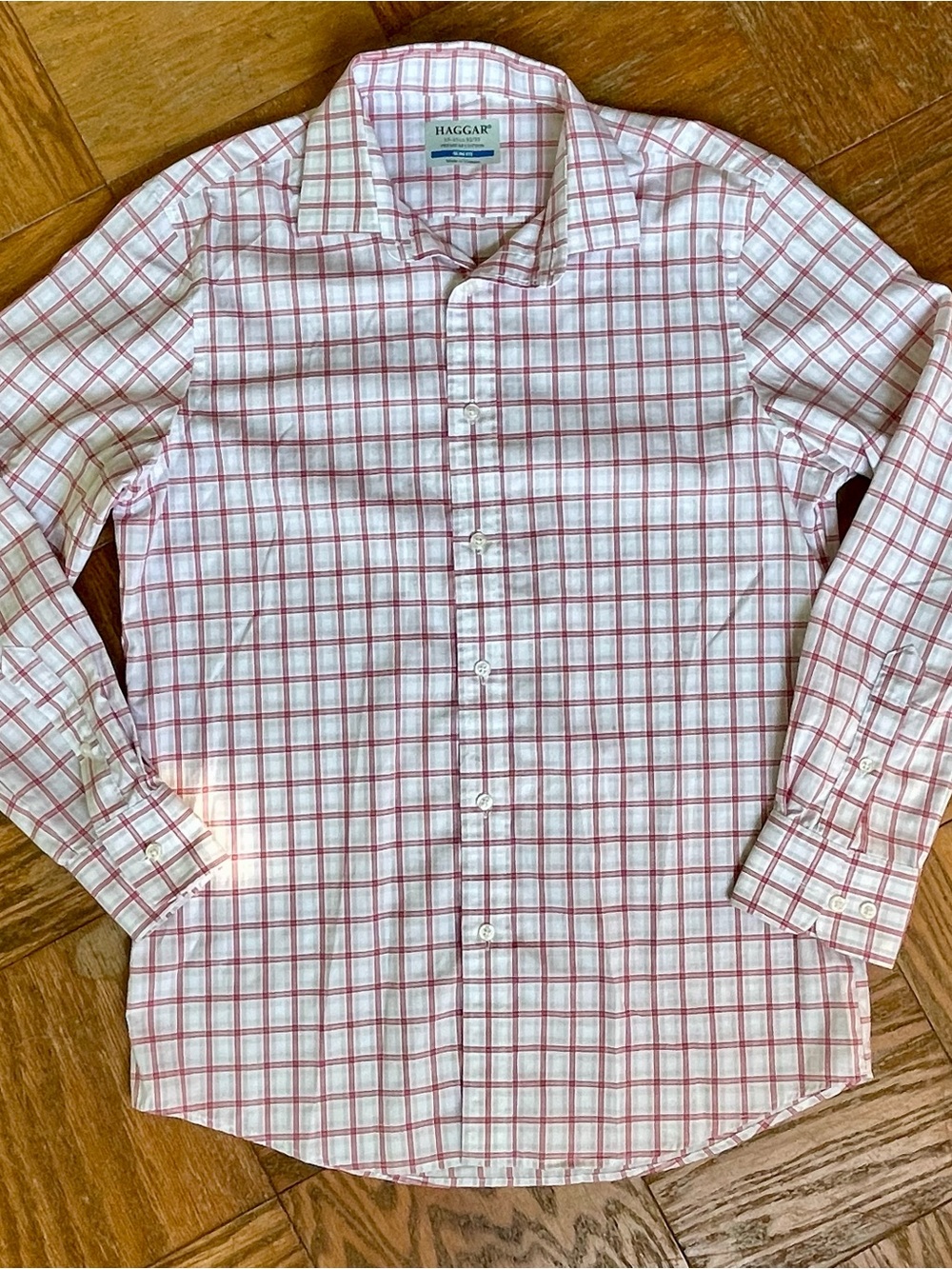 Haggar Mens Slim windowpane Fit Plaid Dress Shirt White Red Long Sleeve NWOT